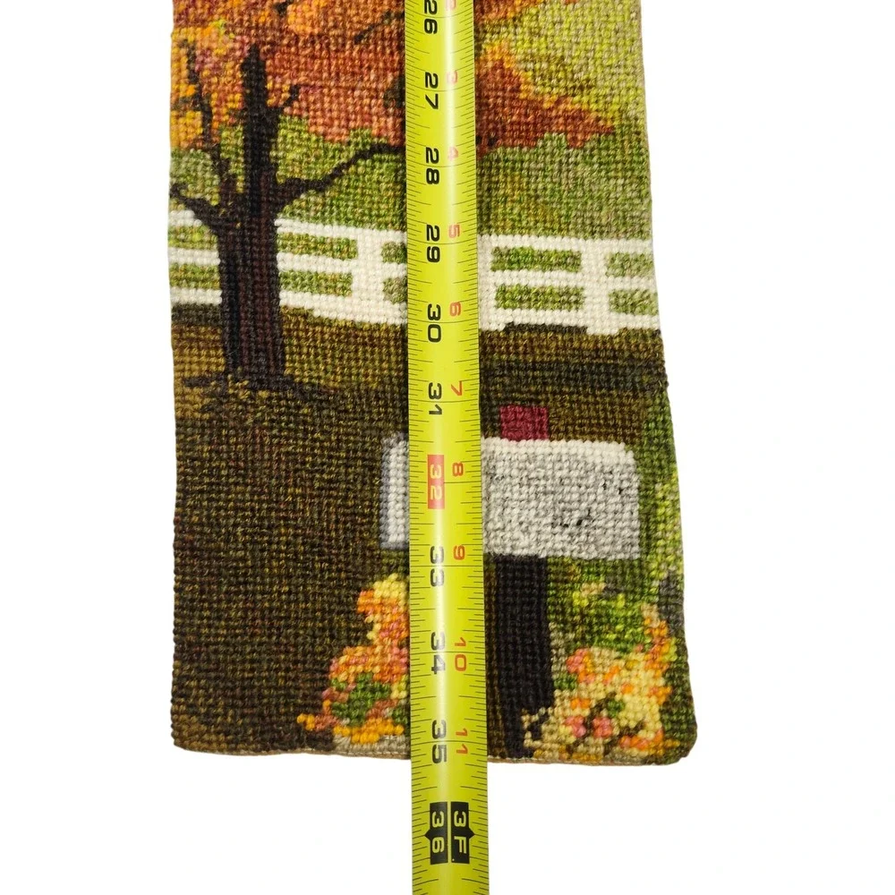 Vintage Needlepoint Bell Pull Wall Hanging Waterfall Landscape Wood Dowel 35x6